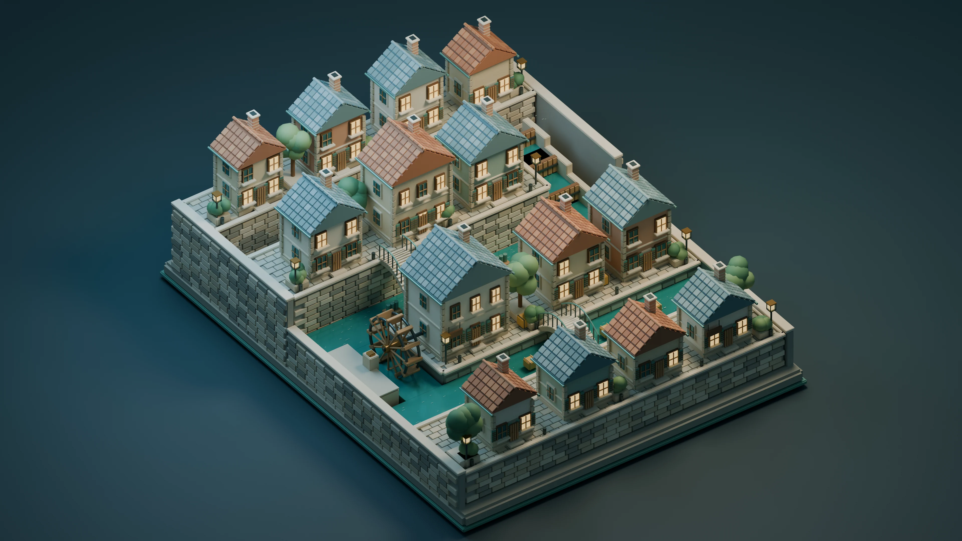 A miniature town beside turquoise canals